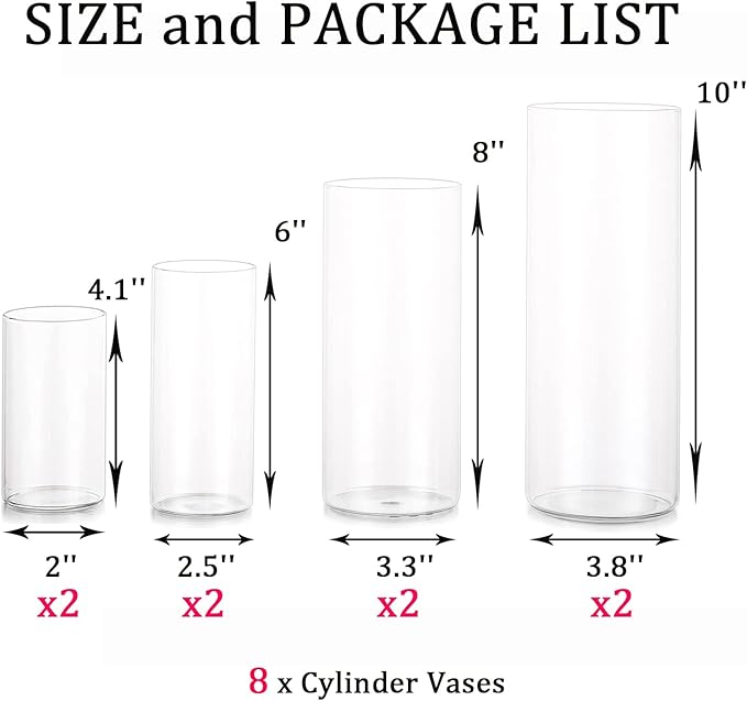 Cylinder Vase Bulk Clear Esmiome - Cylinder Vases for Centerpieces 2 Sets (8Pcs) Hurricane Floating Candle Holder, Glass Vases for Flowers, Decorative Centerpiece for Wedding, 4''+6''+8''+10''(High)