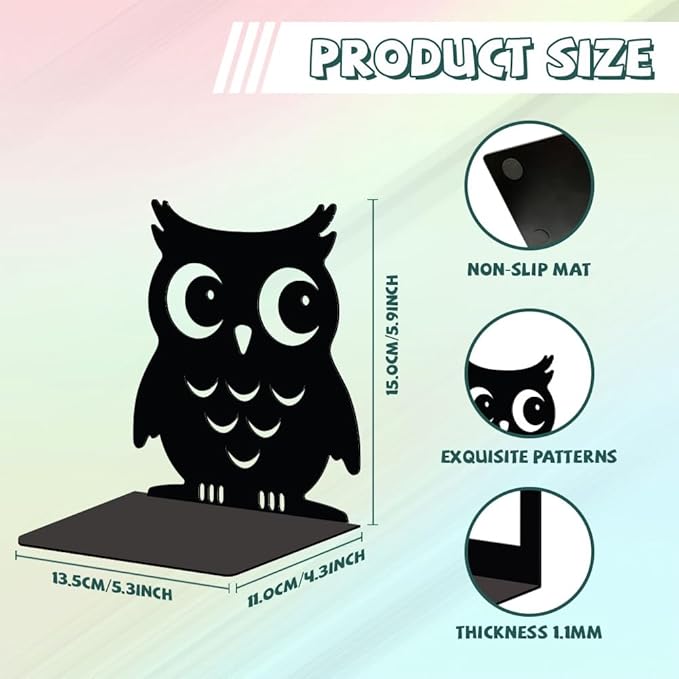 Peacoblue Metal Bookends for Shelves, Modern Decorative Heavy Duty Study Book Support Stoppers for Office, Desk, Shelf, Room 5.3"x4.3"x5.9" Cast Iron Simple Tall Bookends, 1 Pair (Owl)