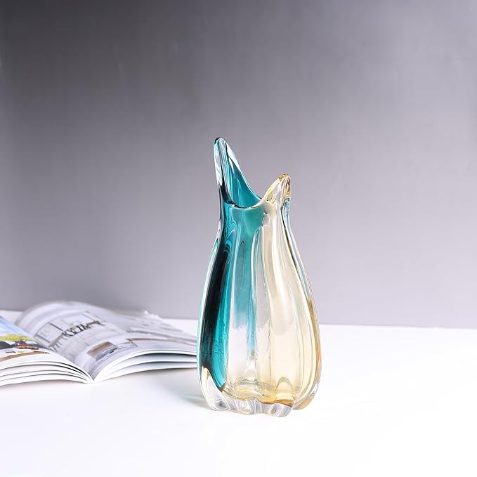 Hand Blown Glass Vase, Medium Wide Mouth Flower Vase Unique Modern Turquoise Glass Art Decor, Nonbreakable Vases for Table Centerpieces Living Room Decorative Amber and Teal Vase