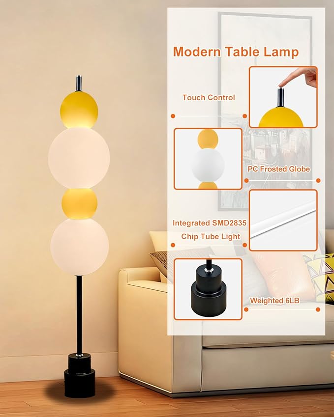Lightdot Yellow Globe Floor Lamp with 3 Color Temperatures LED Bulbs,Dimmable Floor Lamps with Touch Switch,Unique Modern Standing Tall Lamp for Bedroom Living Room Home Office