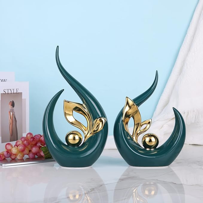 DOVDOV Green Office Decorative Ceramic Statue Set of 2, Dining Room Table Decorations, Green Modern Home Decor for Living Room, Console, Desk Center, Entrance Table Decorations