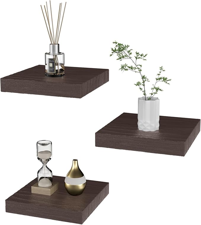 Small Floating Shelves for Wall - 6 Inch Mini Square Rustic Brown Shelves for Bedroom, Living Room, Bathroom, Kitchen, Office Decor Set of 3