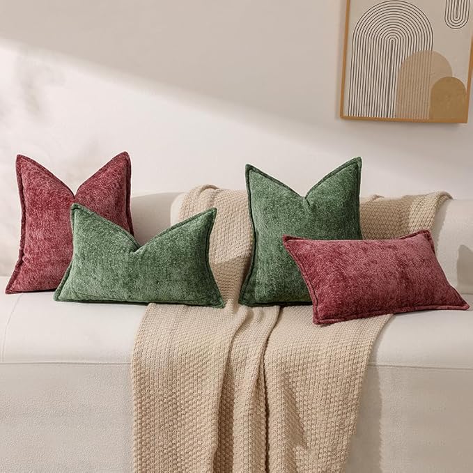 DEZENE Pack of 2 Forest Green Christmas Decorative Throw Pillow Covers 12x20 Cozy Soft Chenille Accent Vintage Rectangular Lumbar Couch Pillow Covers for Home Decor Bed Sofa Living Room