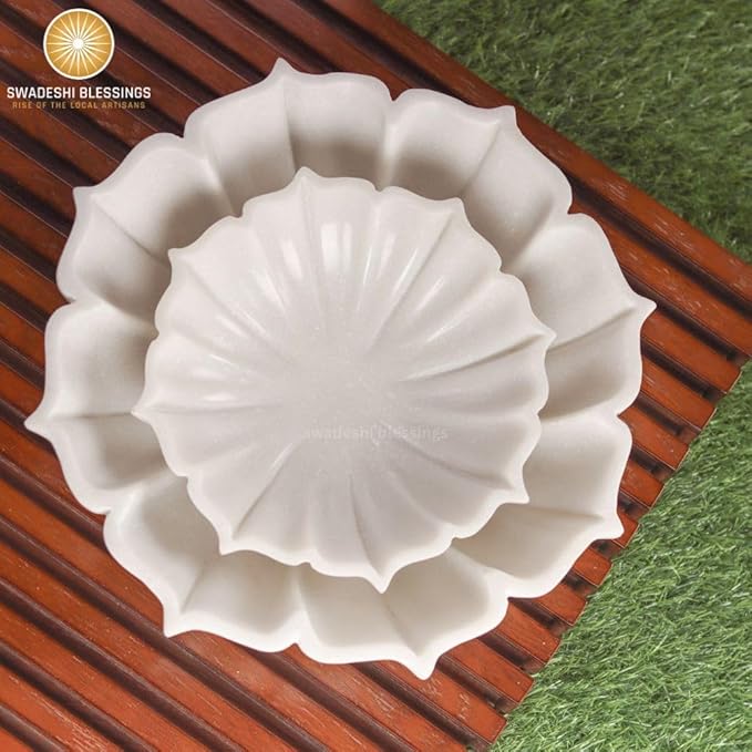 SWADESHI BLESSINGS HandCrafted Marble Lotus Bowl/Organic Modern Home Decor Bowl/Fruit Bowl/Vintage Ring Dish/Decorative Flower Dish/HouseWarming Gifts/Wedding Gifts/Urli (7 Inches)