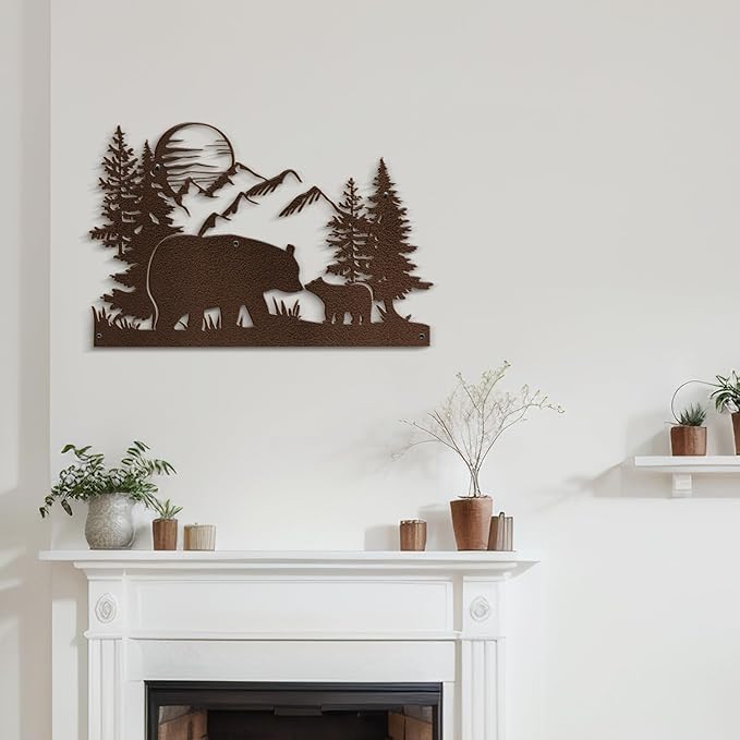 SIGNLEADER Metal Wall Art Decor Bear, Pine, Mountains Minimalist Modern Abstract Wall Sculpture Hangings Home Decoration for Living Room, Bedroom, Bathroom, Kitchen, Outdoor - 18" Bronze