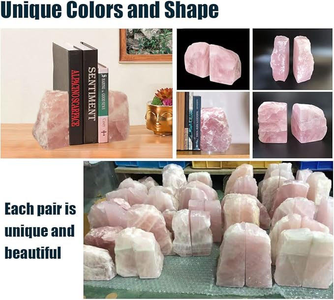 Crystal Bookends Pink Heavy Duty Bookend Natural Rose Quartz Stone Decorative Book Ends 1 Pair 4-6 LBS