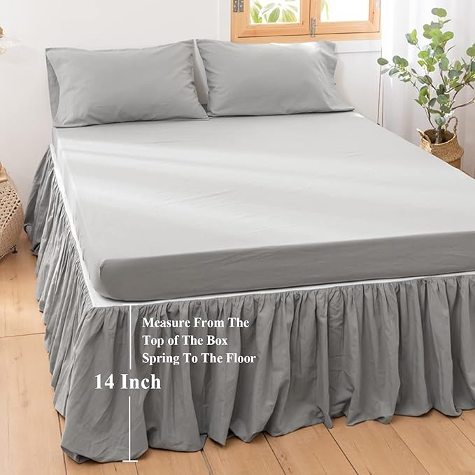 BISELINA French Linen Bed Skirt with Pleated Frills 14-Inch Tailored Drop Natural Flax Cotton Blend Dust Ruffle Soft Cozy Farmhouse Bedding (14" Queen, Grey)