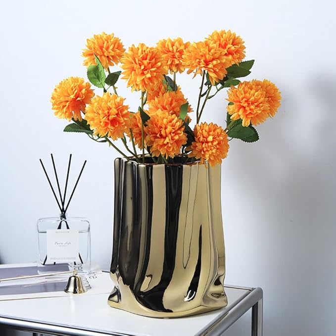 Gold Flower Vase, Paper Bag Ceramic Vase, Modern Metallic Luster Gold Vase Home Decor for Table Centerpieces, Living Room, Shelf Decor, Mantel (Gold-Large)