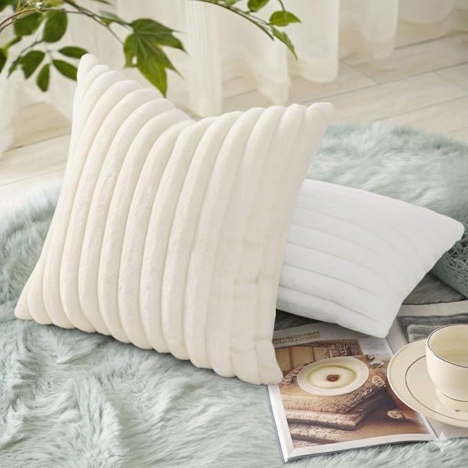 decorUhome Faux Fur Spring Throw Pillow Covers 20x20 Set of 2, Decorative Soft Plush Striped Neutral Couch Pillow Covers with Velvet Back for Sofa, Bed, Living Room Home, Cream White