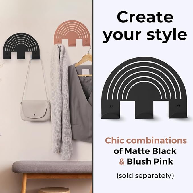 Rainbow Black Wall Hooks – Heavy-Duty Metal Hooks for Hanging | Stylish & Decorative Coat Hook for Backpacks, Towels & Bags | Durable, Minimalist Wall Organizer for Kids' Room & Playroom