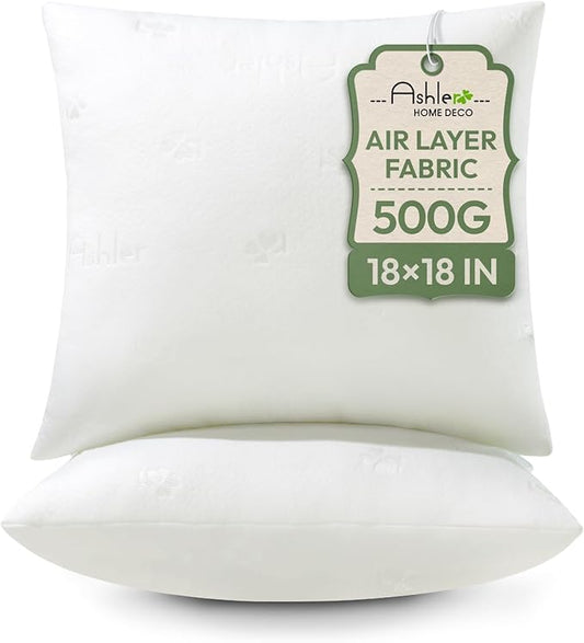 Ashler Throw Pillows Insert- 18x18 Pillow Inserts with Air Layer, Premium Bed and Couch Pillows - Indoor Decorative Throw Pillow, Square Cushion Sham Stuffer, Pack of 2, White