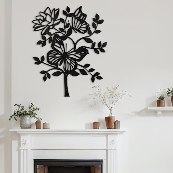 SIGNLEADER Metal Wall Art Decor Butterfly and Flower Minimalist Modern Abstract Wall Sculpture Hangings Home Decoration for Living Room, Bedroom, Bathroom, Kitchen, Outdoor - 18" Black