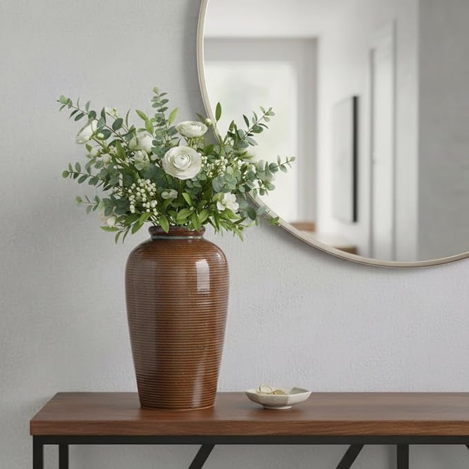 Rustic Farmhouse Ceramic Vase - 11 Inch Large Brown Pottery Vases Home Decor, Glazed Textured Decorative Vase for Pampas Grass, Console, Entryway Table Decor, Mantle, Kitchen Centerpieces