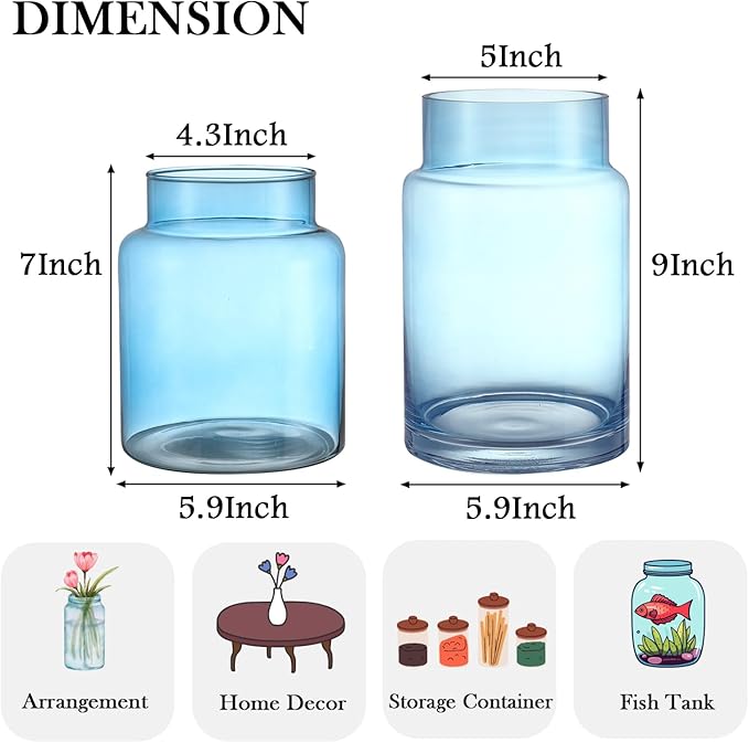 Large Glass Vase, Blue Glass Vase Set of 2, Large Flower Vases for Bouquet, Tall Wide Mouth Vases for Flowers, Home, Wedding, Living Room, Office Decor, 7"+9"