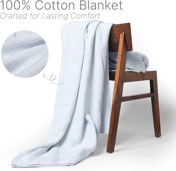 9Threads 100% Cotton Herringbone Weave Blankets, 90"X90" Queen, Throw Blanket for Bed,All Season Cotton Blanket, Cozy Blanket,Throws Bed Blanket,Throw Blanket for Couch,Modern Home Decor -Light Blue