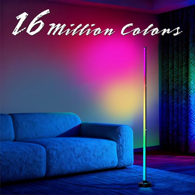 RGB LED Corner Floor Lamp，DIY Floor Lamp with Music Sync and 16 Million Colors, 213 Dynamic Modes, App & Remote Control,Standingl Corner Changing Ambience Light, for Living Bedroom Room Gaming Room