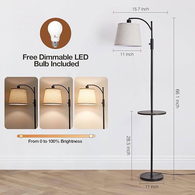 AIDENOEY Fully Dimmable Floor Lamp for Living Room，Standing Lamp Rotary Switch with Table&Linen Beige Shade，Black Tall Lamps for Bedroom with Adjust Head，9W LED Bulb Included