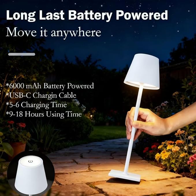 White Rechargeable Table Lamp Set of 2,Cordless Desk Lamp,Small Led Outdoor Table Lamp for Restaurant Dining Table Top Tabletop Lighting,lampara de mesa recargable,Touch Lamp,Wireless Table Lamp