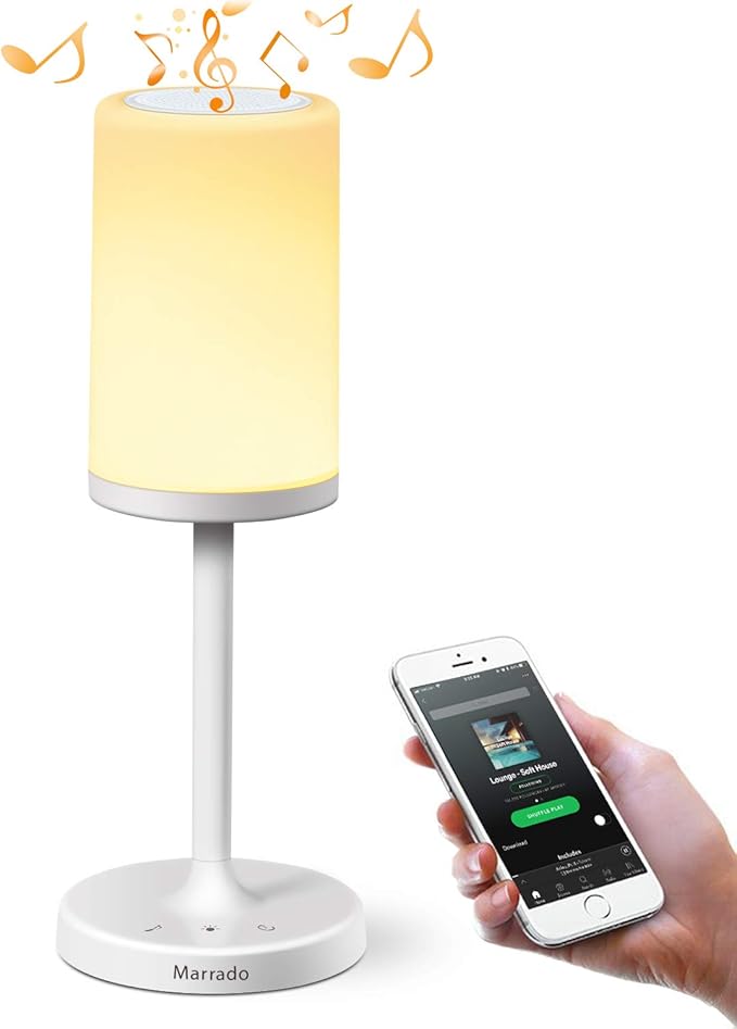 Marrado Bluetooth Speakers + Bedside Lamp, Night Light, Smart Touch Control Table Lamp for Bedroom Living Room, Portable Rechargeable LED Desk Lamp, Dimmable Warm White & Color Changing