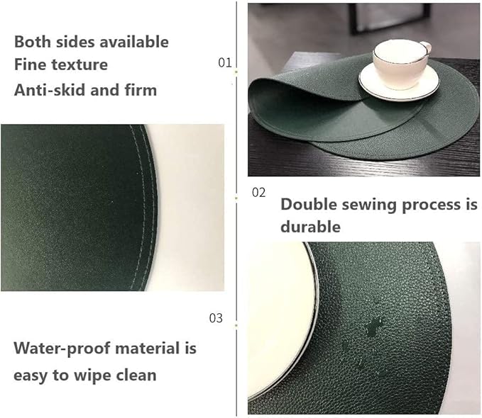 Set of 8 Faux Leather Round Placemats and Coasters, Disko Table Mats and Drink Spills Coasters, Easy to Clean, Double Stitched for Kitchen Dining Table, Diameter 13'' and 3.9''