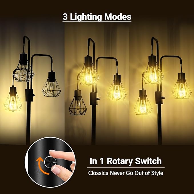 BoostArea Industrial Floor Lamp,Metal Diamond Lampshade,Modern Stand Up Lamp with 3 Light, Bulbs Not Included,Simple Design Floor Lamp for Bedroom, Living Room, Office, Kids Room, Reading
