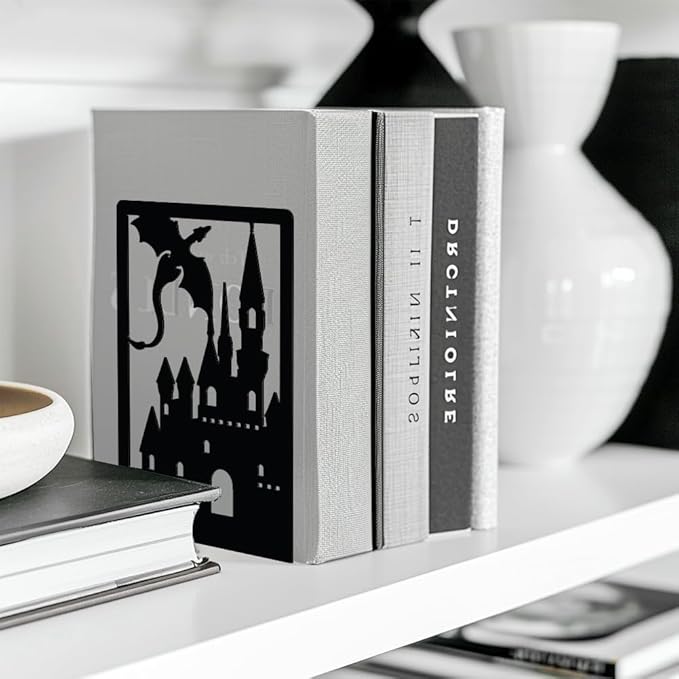 Peacoblue Metal Bookends for Shelves Room Decorative, Creative Heavy Duty Study Bookends Stoppers Holder Stand for Desk Shelf 4.7"x3.5"x7" Book Ends to Support Books, 1 Pair(Dragon Castle)