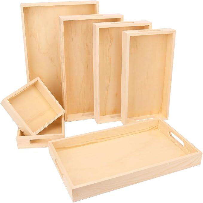 7 PCS Wooden Nested Serving Trays with Handles- Rectangular Wood Crafts Trays for Organizing, Wooden Serving Trays for Serving, Kitchen, Breakfast, Parties and Home Decor