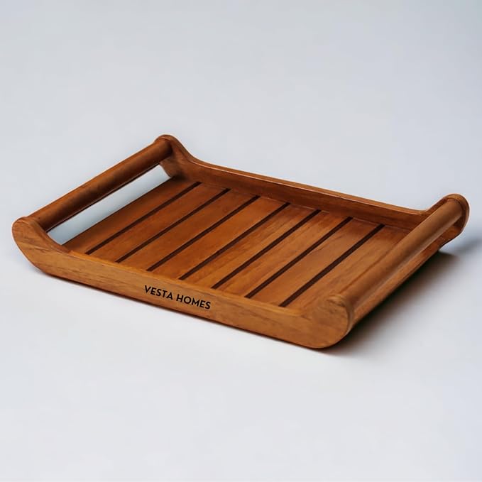 Vesta Homes Large Teak Wood Rectangular Serving Tray for Home, Kitchen, Restaurant, Office Organizer, Dining Table|Premium Serving Trays|38 X 25 X 6 Cm|Handmade in India