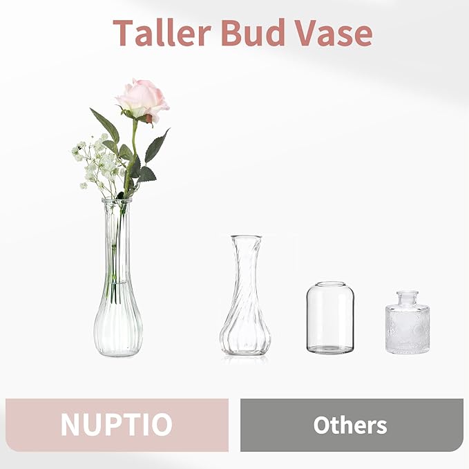 NUPTIO Glass Bud Vases Centerpiece: 6 Pcs Small Flower Vase for Wedding in Bulk - Cute Clear Ribbed Vase for Party Events Home Table Decor