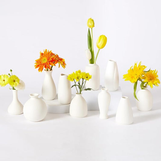10pc Ceramic Bud Vases Set - 2-3 Inch White Small Vases Collection for Flowers | Boho & Modern Ceramic Vase Set for Table Décor, Wedding, Cute Vase Home Decor