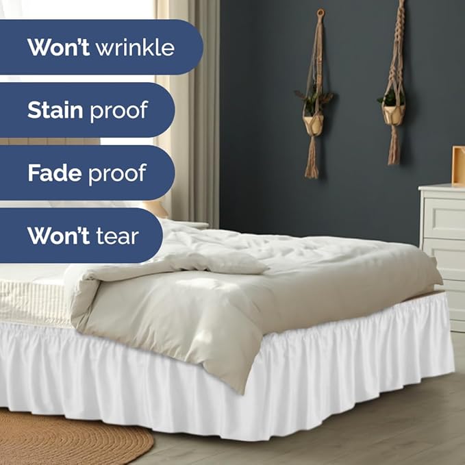 Wrap Around Dust Ruffle Bed Skirt - White - for Full Size Beds with 12 Inch Drop - Easy Fit Elastic Strap - Adjustable Pleated Bedskirt w/Brushed Fabric - Wrinkle Free - for Women, Men, Kids & Teens