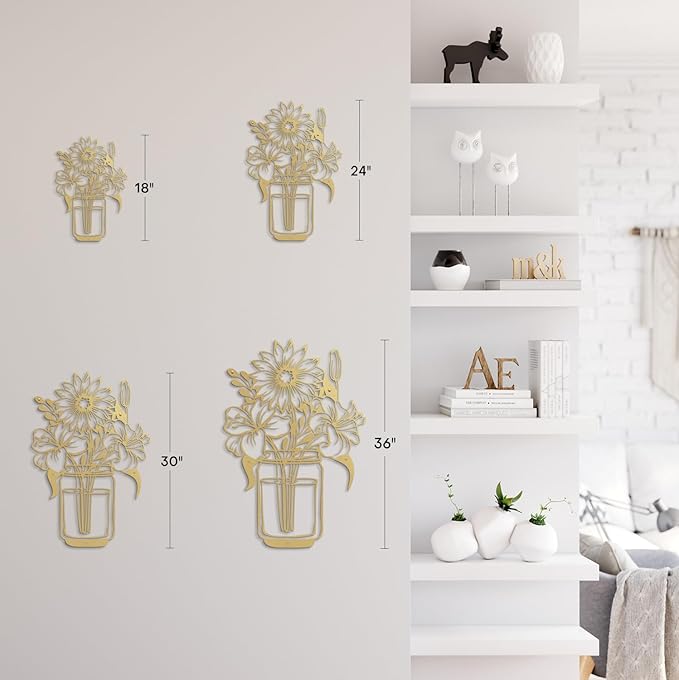 SIGNLEADER Metal Wall Art Decor Flowers in Bottle Minimalist Modern Abstract Wall Sculpture Hangings Home Decoration for Living Room, Bedroom, Bathroom, Kitchen, Outdoor - 18" Gold