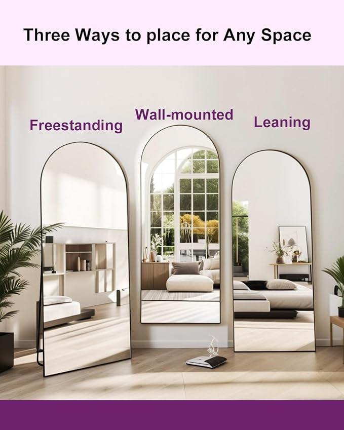 58"x18" Arched Full Length Mirror - Wall/Floor Mounted with Stand, Shatter-Proof Glass & Aluminum Frame, Large Body Mirror for Bedroom, Living Room, Entryway or Cloakroom, Black