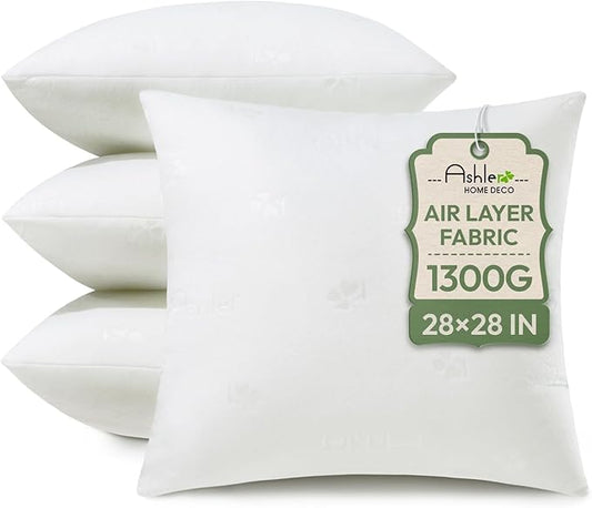 Ashler Throw Pillow Inserts 28 x 28 Inches Set of 4, Indoor Decorative Pillows, Soft and Firm Pillows with Air Layer, Square Cushion Sham Stuffer for Couch and Living Room