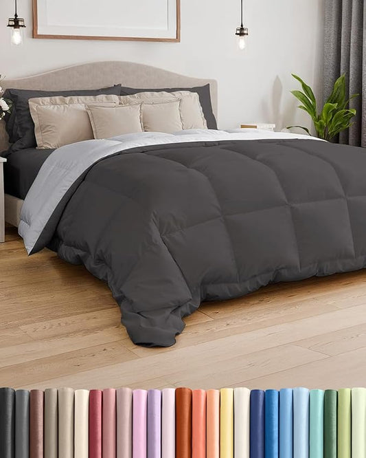 Cal King Size Dark Grey & French Grey Reversible Alternative Down Comforter - Warm, Lightweight Breathable Hotel Quality Bedding Set - All Season Oversized Cooling Microfiber Duvet Insert Comforter