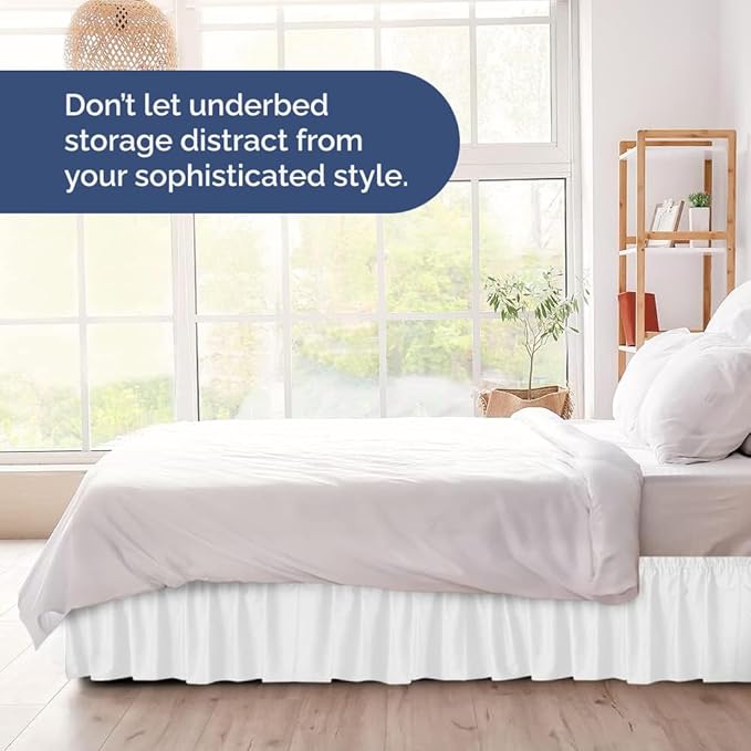 Wrap Around Dust Ruffle Bed Skirt - White - for Full Size Beds with 12 Inch Drop - Easy Fit Elastic Strap - Adjustable Pleated Bedskirt w/Brushed Fabric - Wrinkle Free - for Women, Men, Kids & Teens