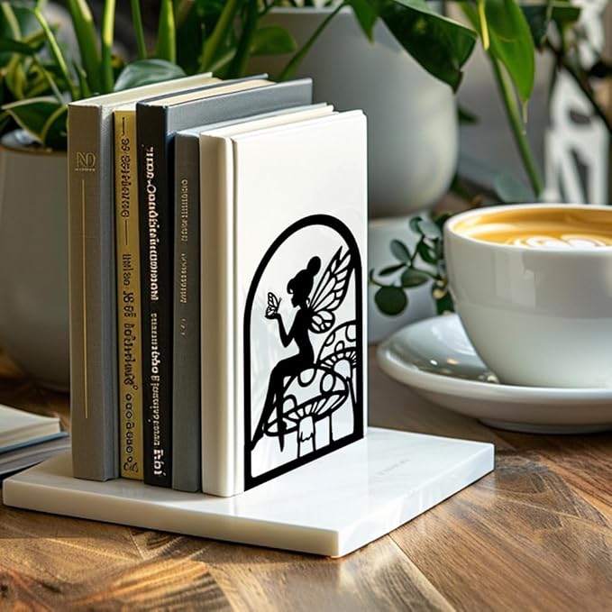 Peacoblue Metal Bookends for Shelves, Modern Decorative Heavy Duty Study Book Support Stoppers for Office, Desk, Shelf, Room 5.3"x3.5"x7.9" Cast Iron Simple Tall Bookends, 1 Pair (Fairy and Mushroom)