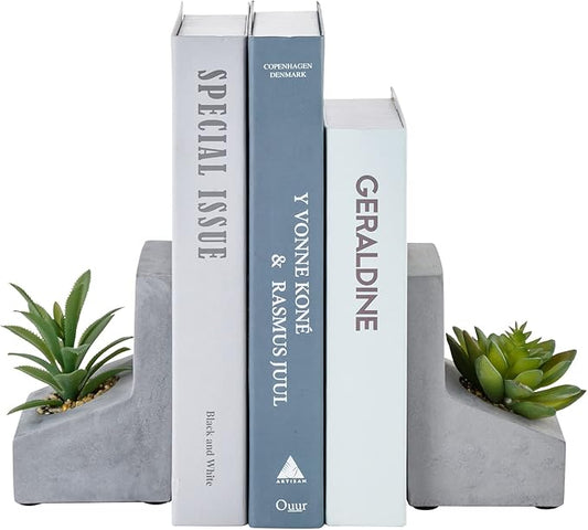 MyGift Decorative Bookends for Heavy Books, Book Ends with Planted Artificial Succulent Plants, Book Stands for Shelves Desktop, 1 Pair, L-Shaped Concrete