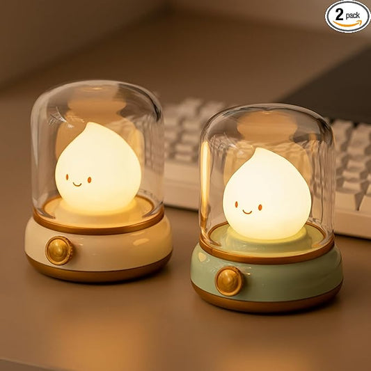 Cute Chibi Flame Lamp, Anime Cozy Lights, Retro Rechargeable Night Light, Decor, Cute Desk Accessories, Gifts 2 Pack (Yellow and Green)