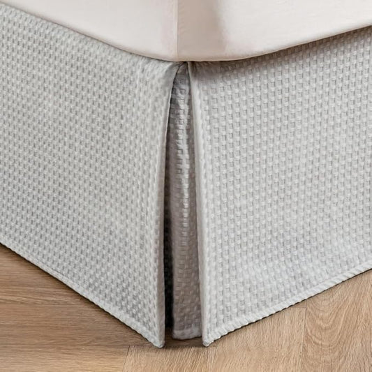 MIYE Pleated Waffle Weave Bed Skirt, Tailored Dust Ruffle 14 Inch Drop Easy Fit, Machine Washable (Light Grey, King - 14" Drop)