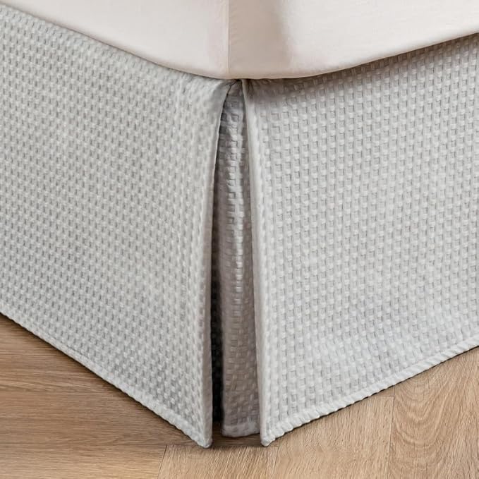 MIYE Pleated Waffle Weave Bed Skirt, Tailored Dust Ruffle 16 Inch Drop Easy Fit, Machine Washable (Light Grey, King - 16" Drop)