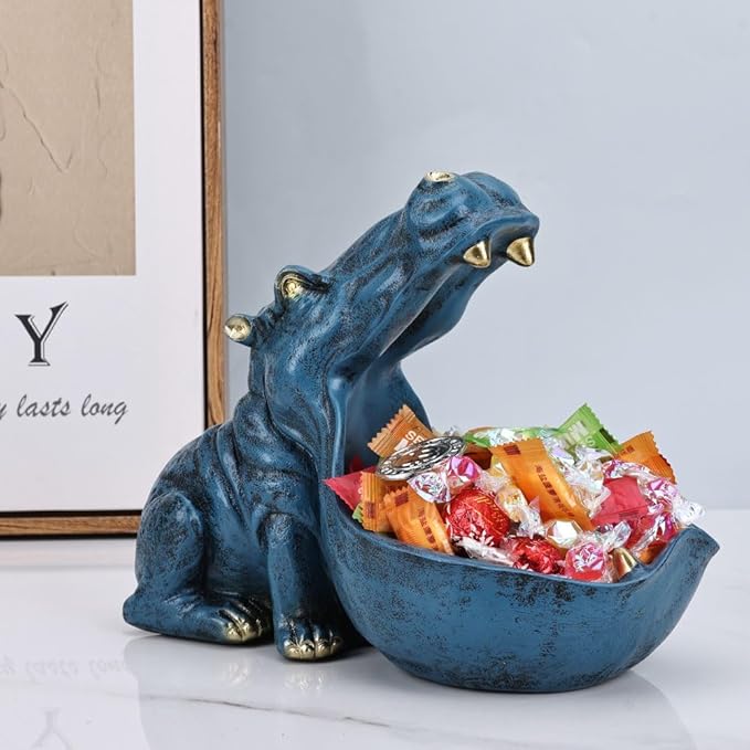 Hippo Figurine Candy Dish & Key Bowl - Unique Resin Hippopotamus Statue for Office Desk & Entry Table Decor - Multifunctional Sundries Container, Jewelry Stand, and Wallet Holder - Cute Hippo Gifts