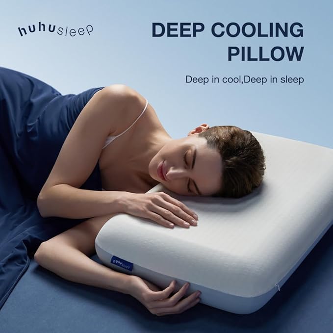 Huhu Sleep Cooling Pillow 5 inchs for Back andd Side Sleeper, Advanced Memory Foam Pillows with Cooler Case but no Firm Layer, 16x24x5 inchs