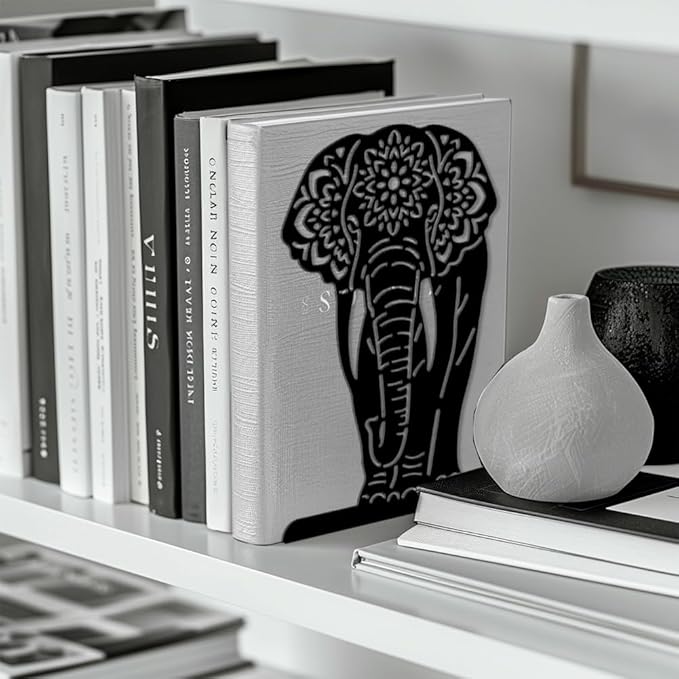 Peacoblue Metal Bookends for Shelves, Modern Decorative Heavy Duty Study Book Ends Stoppers for Office, Desk, Shelf, Room 5.3"x4.3"x7.9" Cast Iron Simple Tall Bookends 1 Pair (Mandala Elephant)