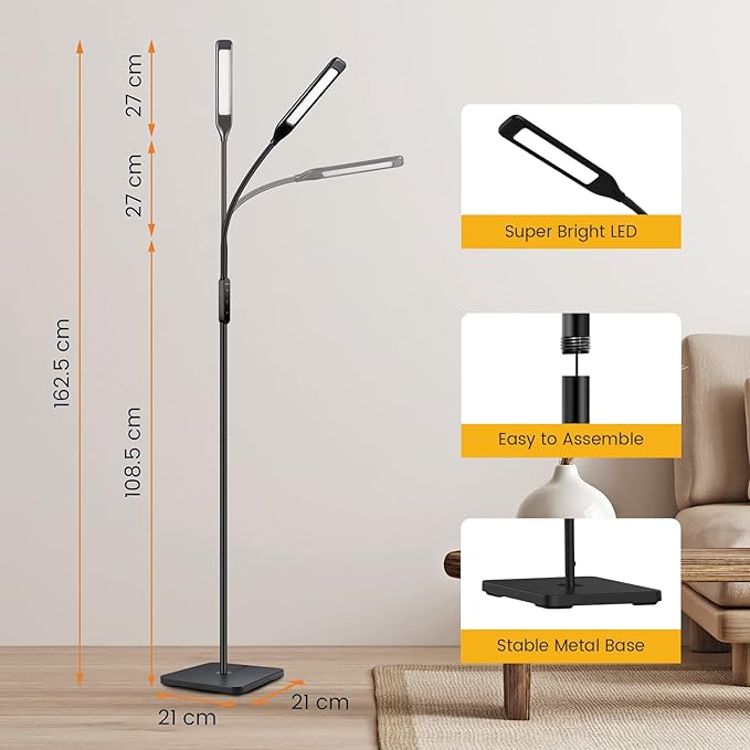 LASTAR LED Floor Lamp, Reading Lamp with 3000K-6000K & 4 Brightness Levels, Dimmable Standing Lamps for Living Room, Office with Flexible Gooseneck,Timer & Memory Function