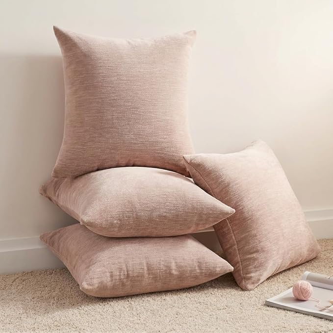 Set of 4 Blush Pink Throw Pillow Covers 16x16 Inch, Neutral Boho Farmhouse Aesthetic Decorative Pillow Cases for Couch, Sofa, Living Room & Bed, Chenille Pillow Cases, Stylish Home Decor, 40x40 cm