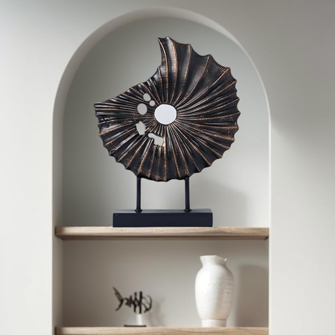 Unique Round Coin Sculpture Decorative Objects for Shelf Home Decor Accents, Modern Abstract Tabletop Decor Items for Living Room Fireplace Mantel, Above Cabinet (Black L)