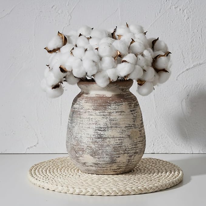 SIDUCAL Ceramic Rustic Vase, Whitewashed Terra Cotta Vase, Distressed Farmhouse Décor, Pottery Decorative Flower for Home Decor, Table, Living Room Decor, Shelf, Mantel, 7.3 Inch, Terra