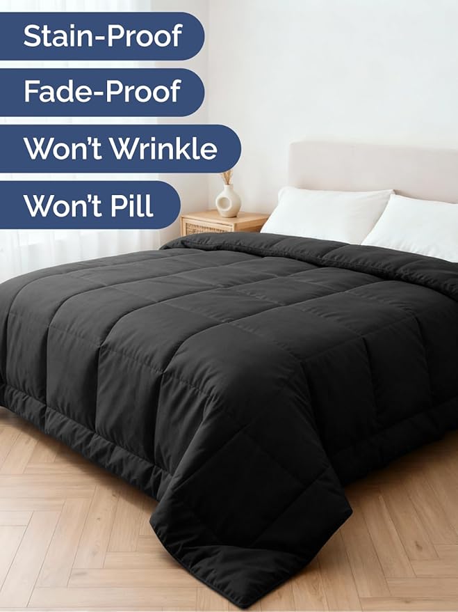 Full Size, Black Alternative Down Comforter - Warm and Lightweight - Luxury and Breathable Hotel Quality Bedding Set - All Season Fluffy and Cozy Oversized Cooling Microfiber Duvet Insert Comforter