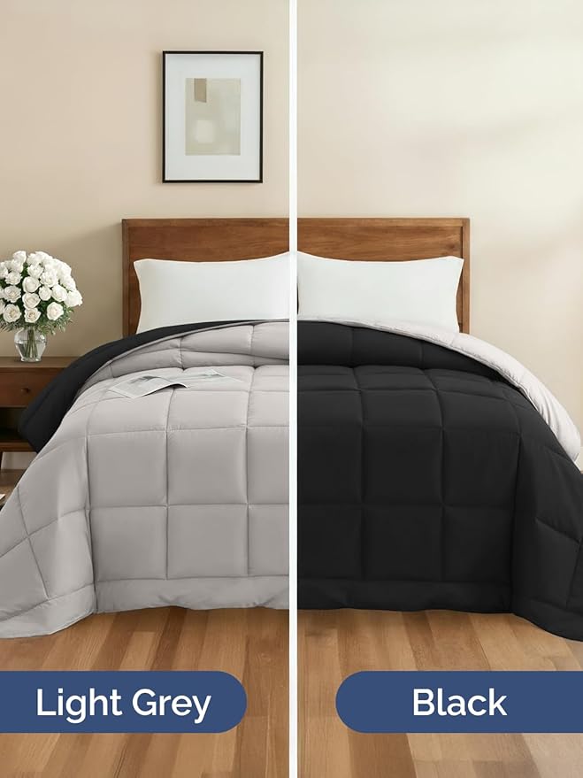 King Size, Black & Light Grey Reversible Alternative Down Comforter - Warm Lightweight Breathable Hotel Quality Bedding Set - All Season Fluffy Cozy Oversized Cooling Microfiber Duvet Insert Comforter